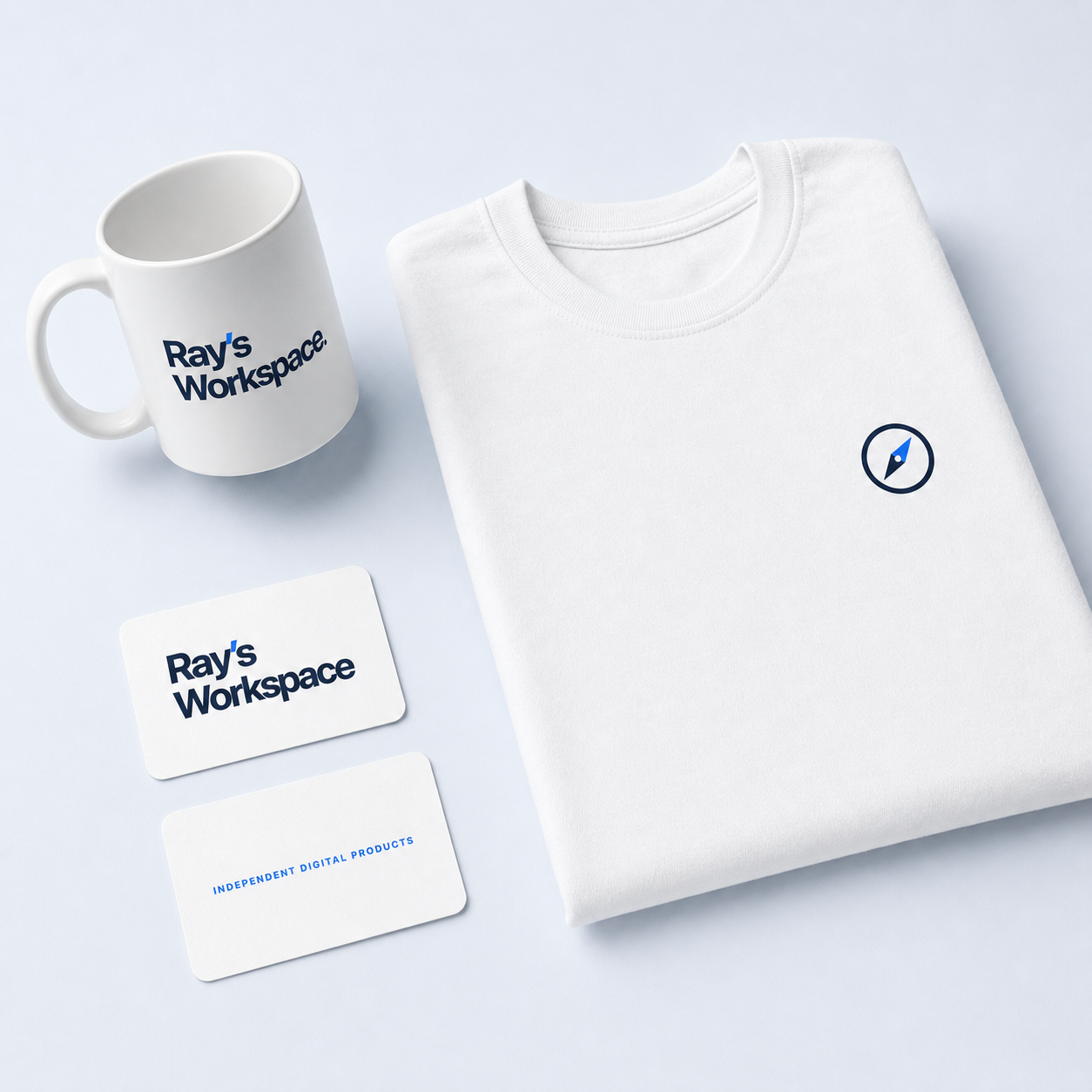 Ray’s Workspace white T-shirt, mug and business cards