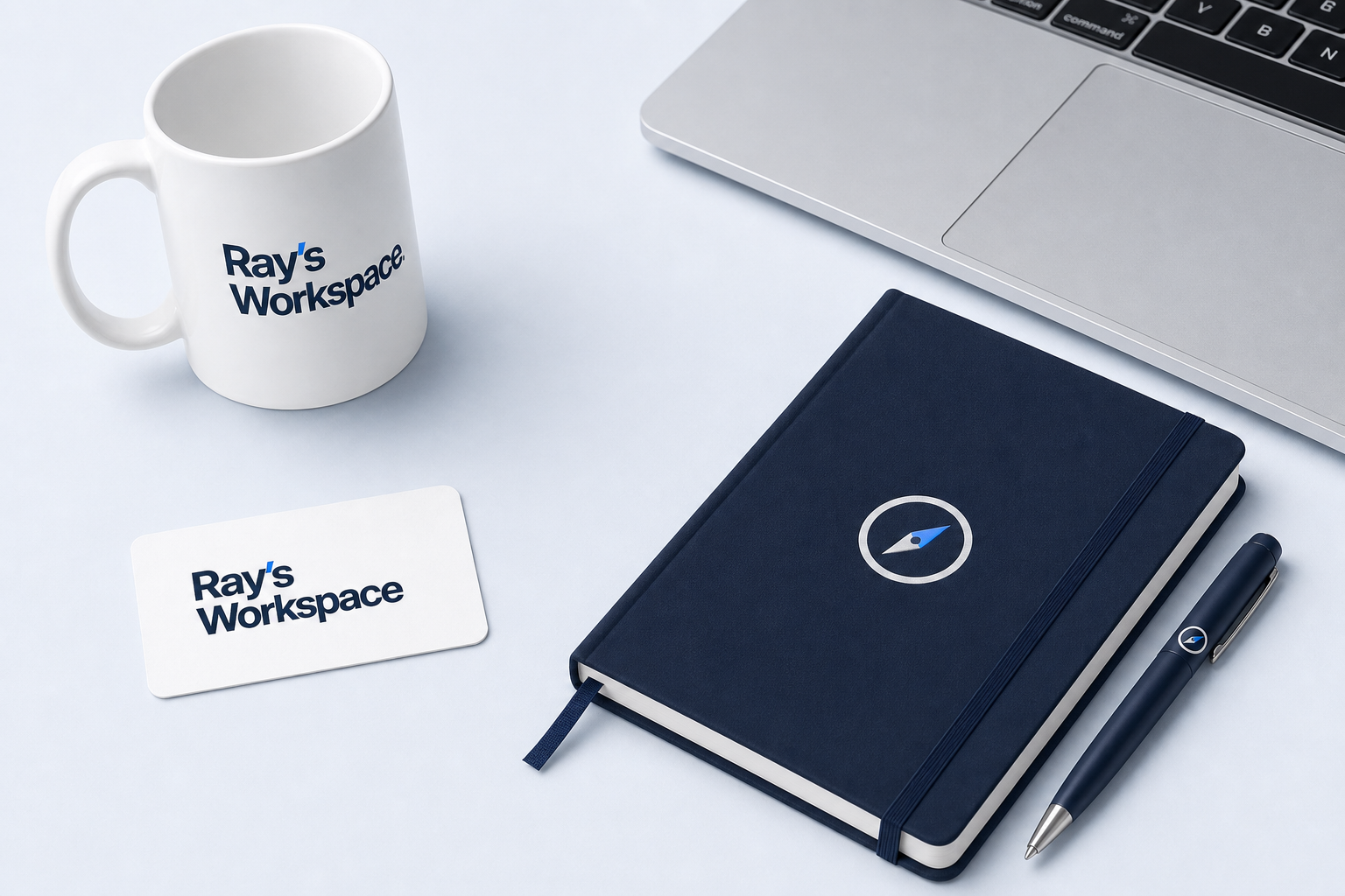 Ray’s Workspace notebook, mug, laptop and business card